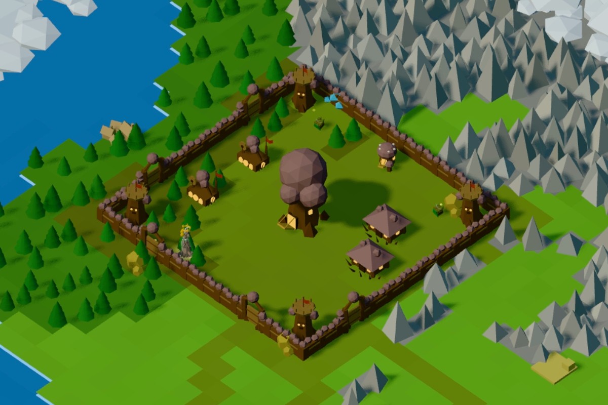 A Wildwood kingdom inside its wall ring — the Great Tree, an Elderhall, huts and Sentinel Trees, all in the elven building set