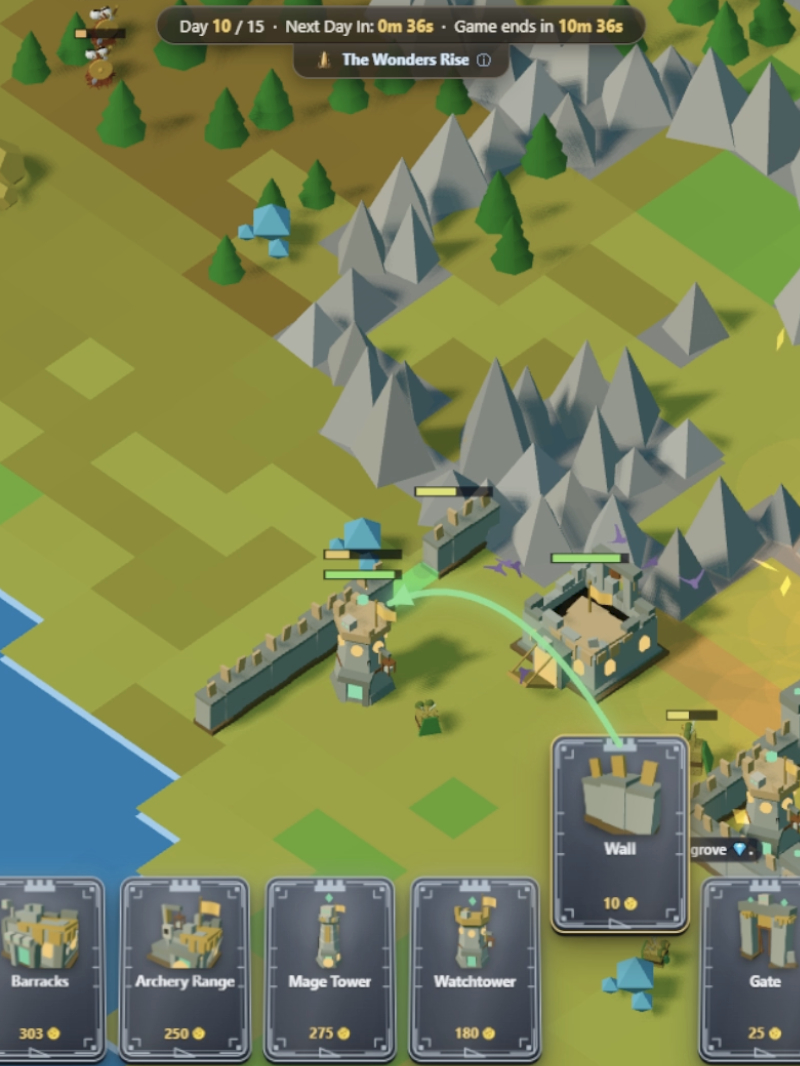 The Wonders Rise — a Watchtower and a Barracks raised at the foot of a mountain range
