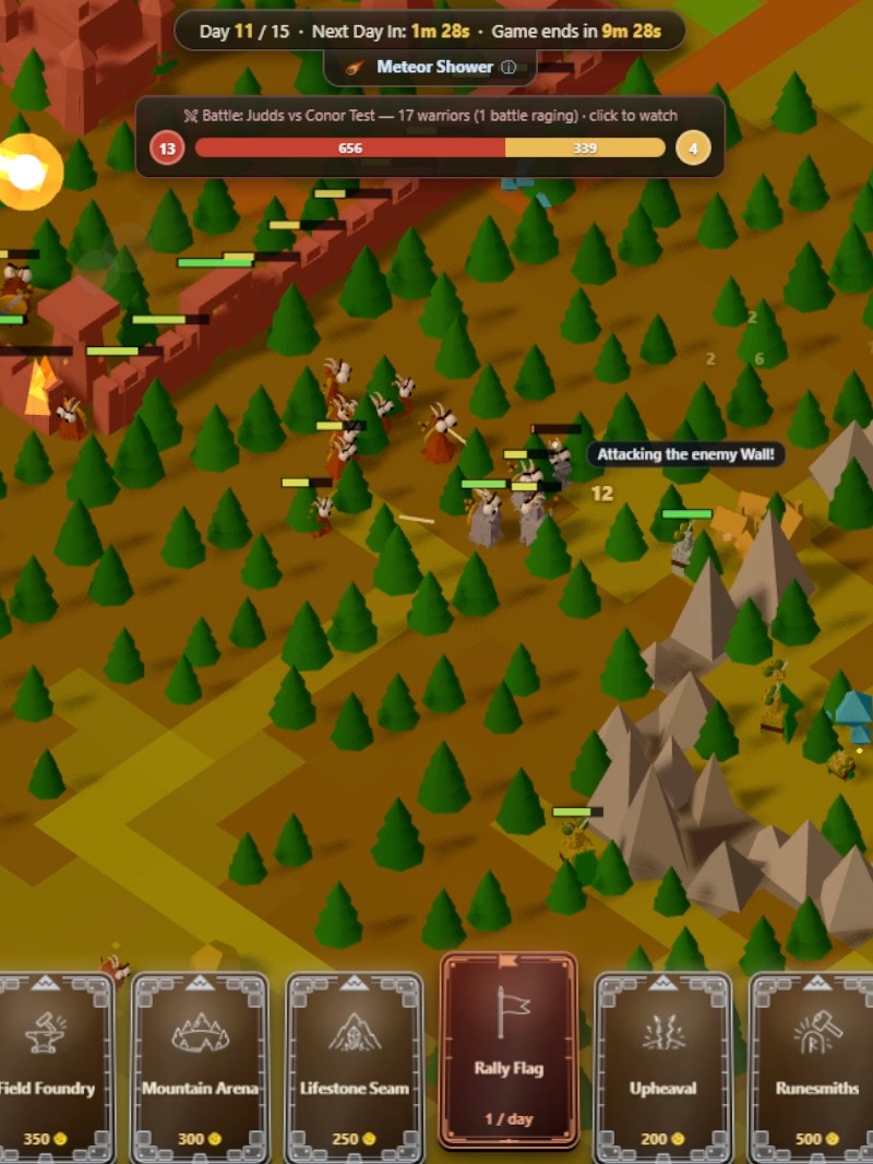 A Mountain Dwarf warband tearing down an enemy wall under a Meteor Shower