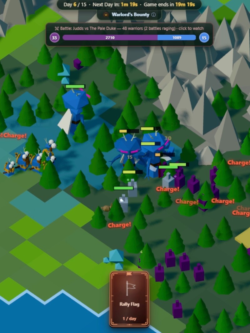 Warlord's Bounty — Judds' blue host charging the Pale Duke's line through a forest